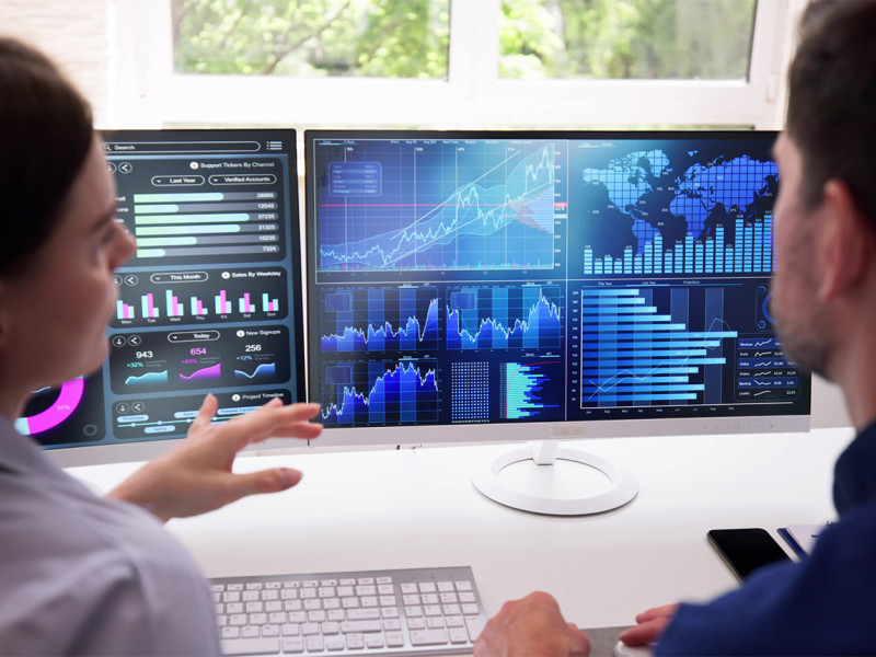 Dues persones revisant dades a l'ordinador